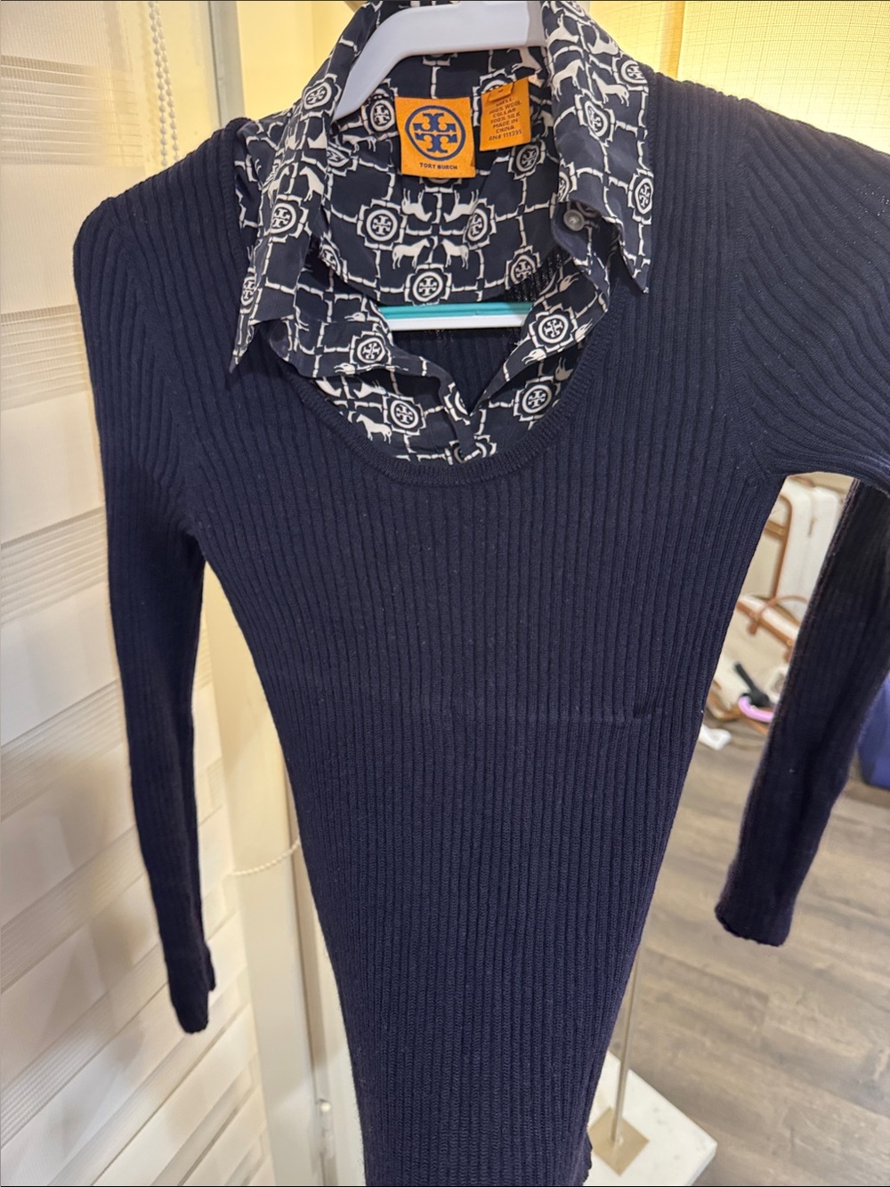 Tory Burch Navy Ribbed Crewneck Sweater